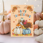 Cute Turkey and Retro Pumpkins Happy Thanksgiving  シーズンカード