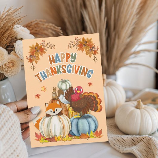 Cute Turkey and Retro Pumpkins Happy Thanksgiving  シーズンカード