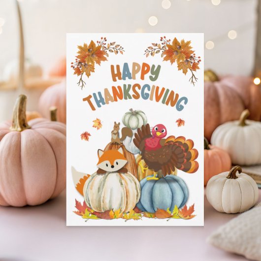 Cute Turkey and Retro Pumpkins Happy Thanksgiving シーズンカード