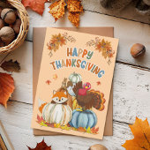 Cute Turkey and Retro Pumpkins Happy Thanksgiving シーズンカード