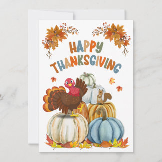 Cute Turkey and Retro Pumpkins Happy Thanksgiving シーズンカード