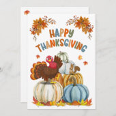 Cute Turkey and Retro Pumpkins Happy Thanksgiving シーズンカード (正面/裏面)