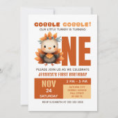 Cute Turkey Gobble Fall Thanksgiving 1st Birthday 招待状 (正面)