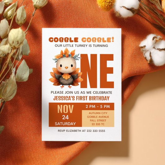 Cute Turkey Gobble Fall Thanksgiving 1st Birthday 招待状