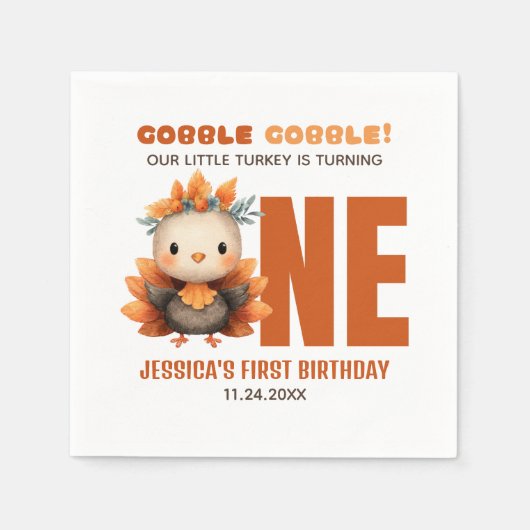 Cute Turkey Gobble Thanksgiving 1st Birthday スタンダードカクテルナプキン (正面)