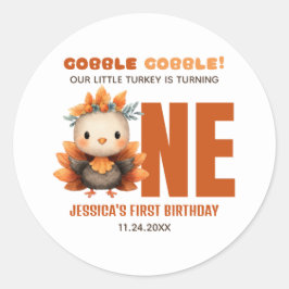 Cute Turkey Gobble Thanksgiving Fall 1st Birthday  ラウンドシール