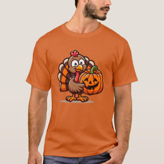 Cute Turkey Posing with Pumpkin Autumn Harvest Ani Tシャツ