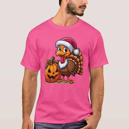 Cute Turkey Posing with Pumpkin Autumn Harvest Ani Tシャツ (正面)