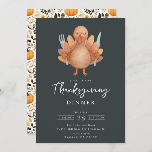 Cute Turkey Thanksgiving Dinner Invitation 招待状 (正面/裏面)