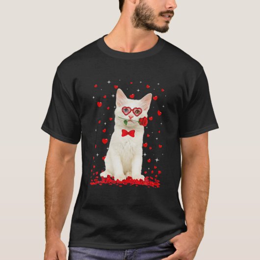 Cute Turkish Angora Cat Glasses Heart Flower Valen Tシャツ (正面)
