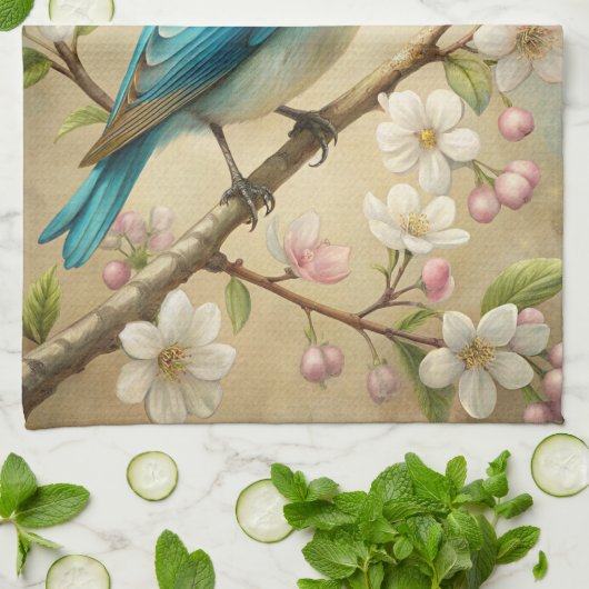 Cute Turquoise Bird キッチンタオル (折り畳み)