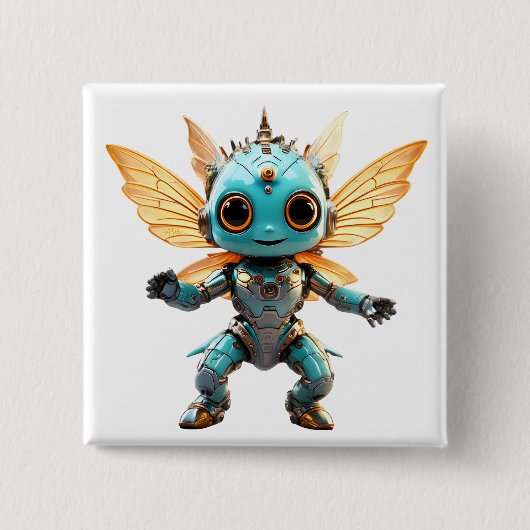 Cute Turquoise Dancing Robot Pixie 缶バッジ (正面)