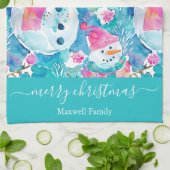 Cute turquoise snowmen script christmas キッチンタオル (折り畳み)