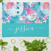 Cute turquoise snowmen script name キッチンタオル (折り畳み)
