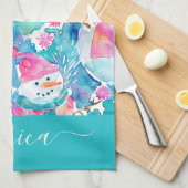 Cute turquoise snowmen script name キッチンタオル (四つ折り)