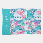 Cute turquoise snowmen script name キッチンタオル (横)