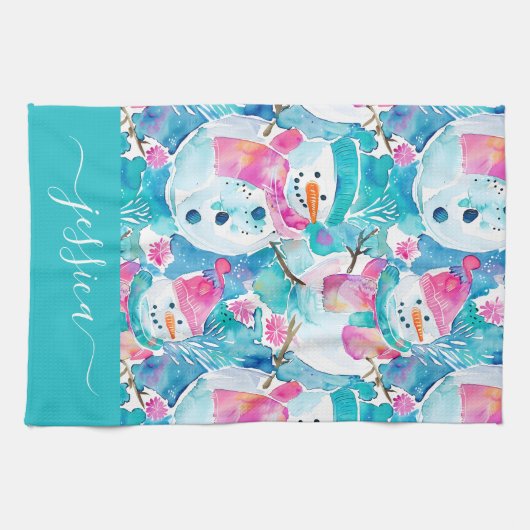 Cute turquoise snowmen script name キッチンタオル (横)