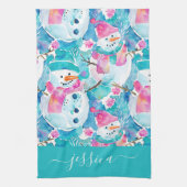 Cute turquoise snowmen script name キッチンタオル (縦)
