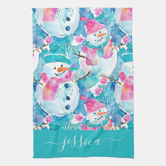 Cute turquoise snowmen script name キッチンタオル (縦)