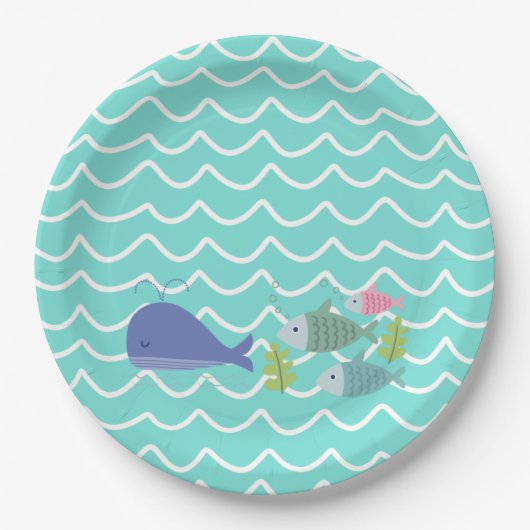 Cute Turquoise Whale & Fishy Paper Plates ペーパープレート (正面)