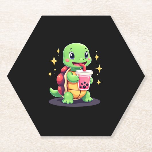 Cute turtle drinking boba. Funny Boba Turtles Love ペーパーコースター (正面)