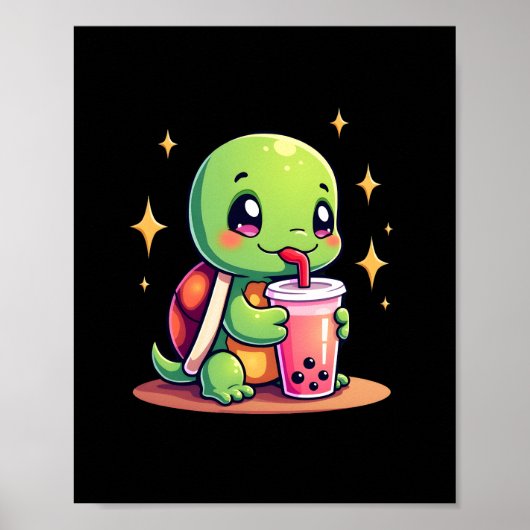 Cute turtle drinking boba. Funny Boba Turtles Love ポスター (正面)