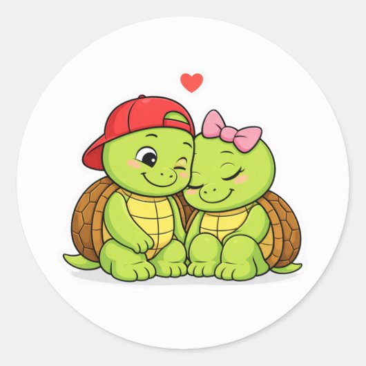 Cute turtle duo in love ラウンドシール (正面)