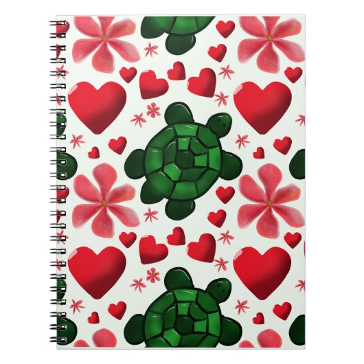 Cute Turtle Floral Pattern | Red Flowers Hearts  ノートブック (正面)