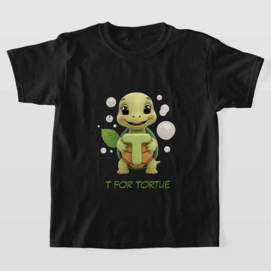Cute Turtle Kids T-Shirt | T is for Tortue Alphabe Tシャツ (レイダウン)