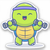 Cute Turtle Lifting Dumbbells Cartoon Illustration シール (正面)