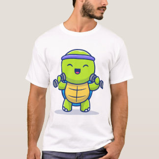 Cute Turtle Lifting Dumbbells Cartoon Illustration Tシャツ