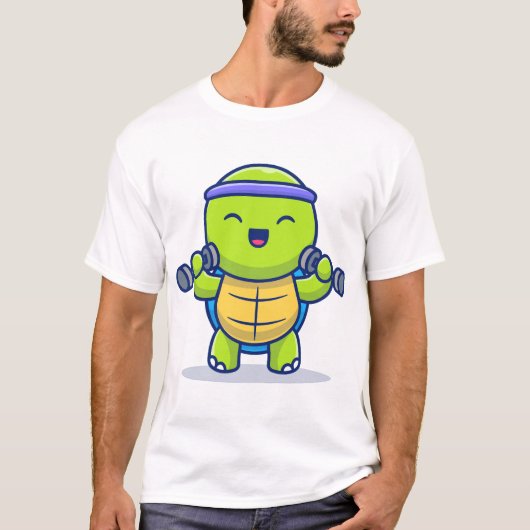 Cute Turtle Lifting Dumbbells Cartoon Illustration Tシャツ (正面)