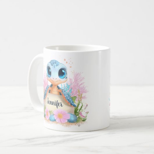 Cute Turtle Personalized Custom Name Animal コーヒーマグカップ (正面左)