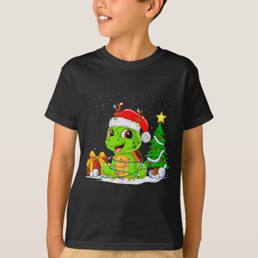 Cute Turtle Santa Christmas Tree Lights Xmas Pajam Tシャツ (正面)