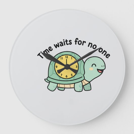 Cute Turtle "Time Waits For No One" Motivati ラージ壁時計 (正面)