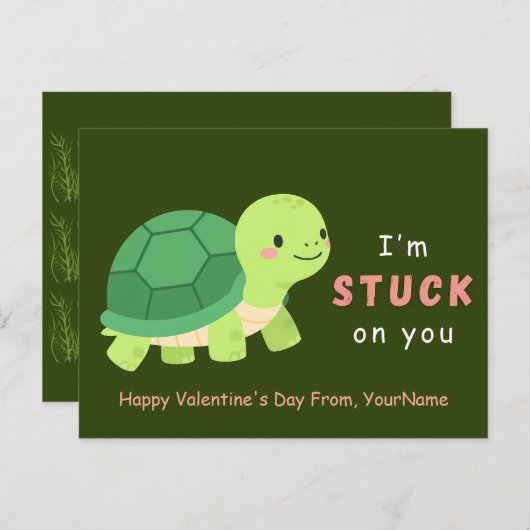 Cute Turtle Valentine Pun Card – I’m Stuck on You シーズンポストカード (正面/裏面)