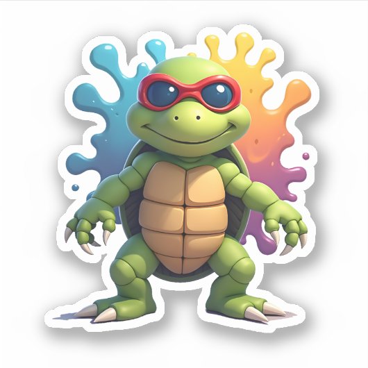 Cute Turtle Wearing Sunglasses Paint Splash Sea An シール (正面)
