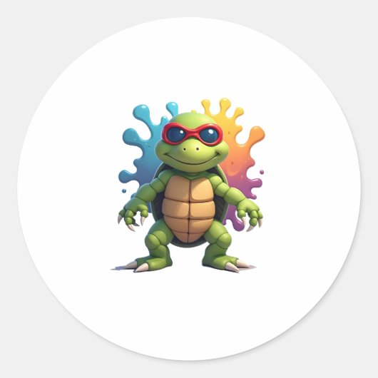 Cute Turtle Wearing Sunglasses Paint Splash Sea An ラウンドシール (正面)