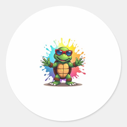 Cute Turtle Wearing Sunglasses Paint Splash Sea An ラウンドシール (正面)