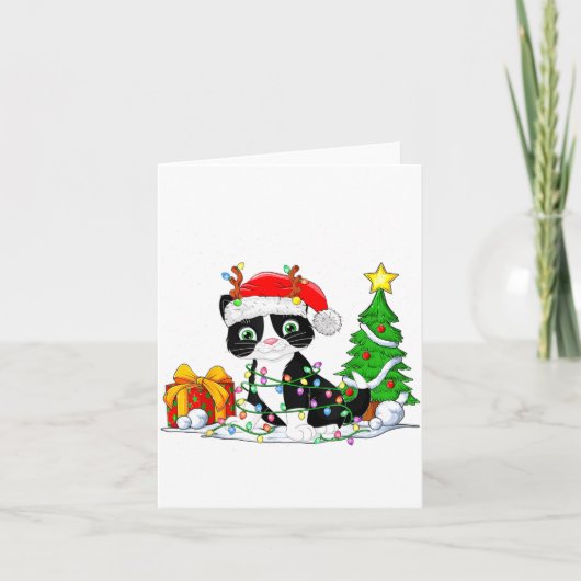 Cute Tuxedo Cat Santa Christmas Tree Lights Xmas T カード (正面)