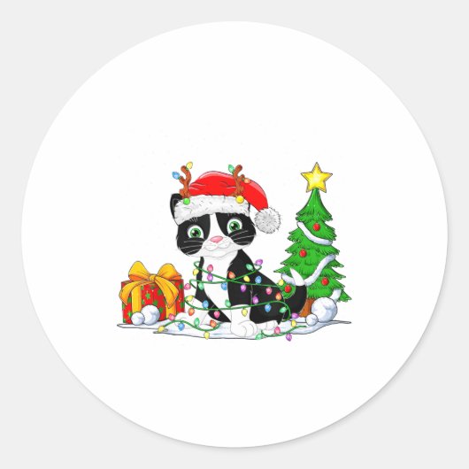 Cute Tuxedo Cat Santa Christmas Tree Lights Xmas T ラウンドシール (正面)