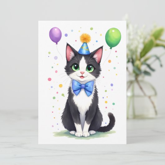 Cute Tuxedo Cat with a Bow Tie Happy Birthday カード (スタンド正面)