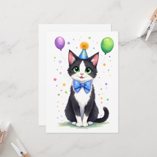 Cute Tuxedo Cat with a Bow Tie Happy Birthday カード (正面/裏面インサイチュ)