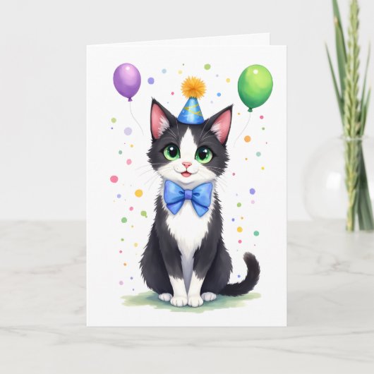Cute Tuxedo Cat with a Bow Tie Happy Birthday カード (正面)