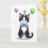 Cute Tuxedo Cat with a Bow Tie Happy Birthday カード (黄色い花)