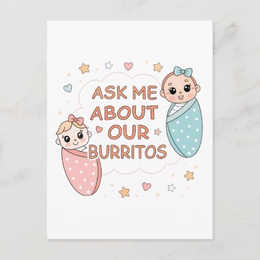 Cute Twin Baby Burrito Announcement Illustration ポストカード (正面)