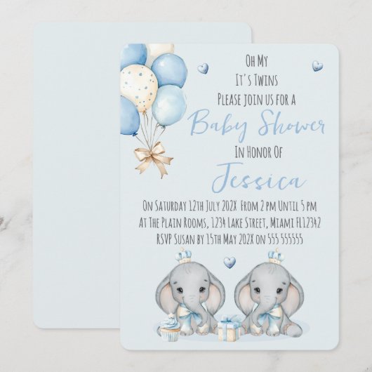 Cute Twin Boys Elephant  Baby Shower Invitation 招待状 (正面/裏面)