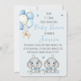 Cute Twin Boys Elephant Baby Shower Invitation 招待状