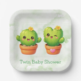 Cute Twin Cactus Baby Shower ペーパープレート