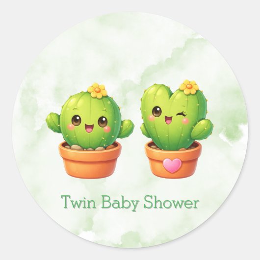 Cute Twin Cactus Baby Shower ラウンドシール (正面)